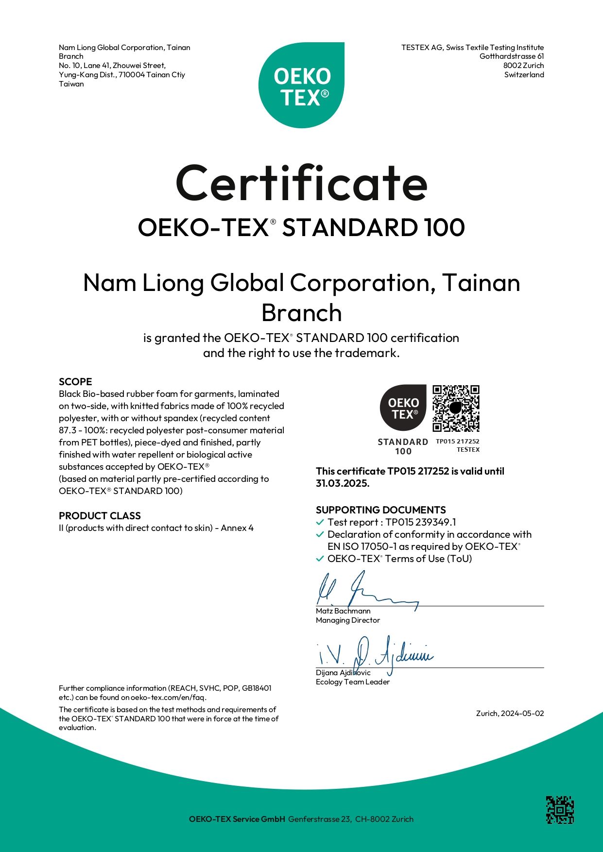 with Oeko-Tex Standard 100Ā® certification